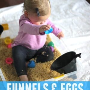 Simple Easter Sensory Bin with Funnels and Plastic Eggs